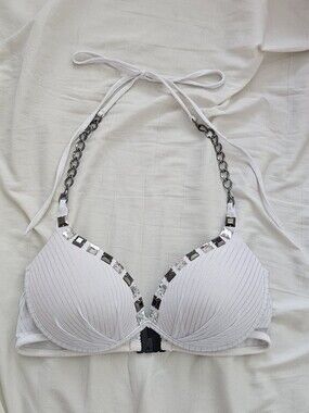 D.i.a Gyaru White And Silver Pinstripe Chain Halter Bra With Rhinestone Beads